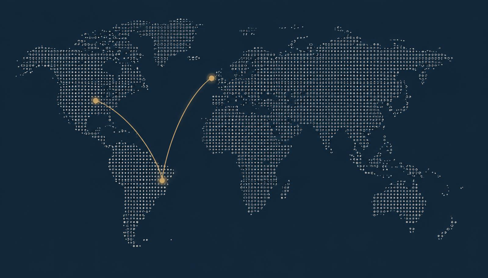Mapa com conexões entre Estados Unidos, Irlanda e Brasil